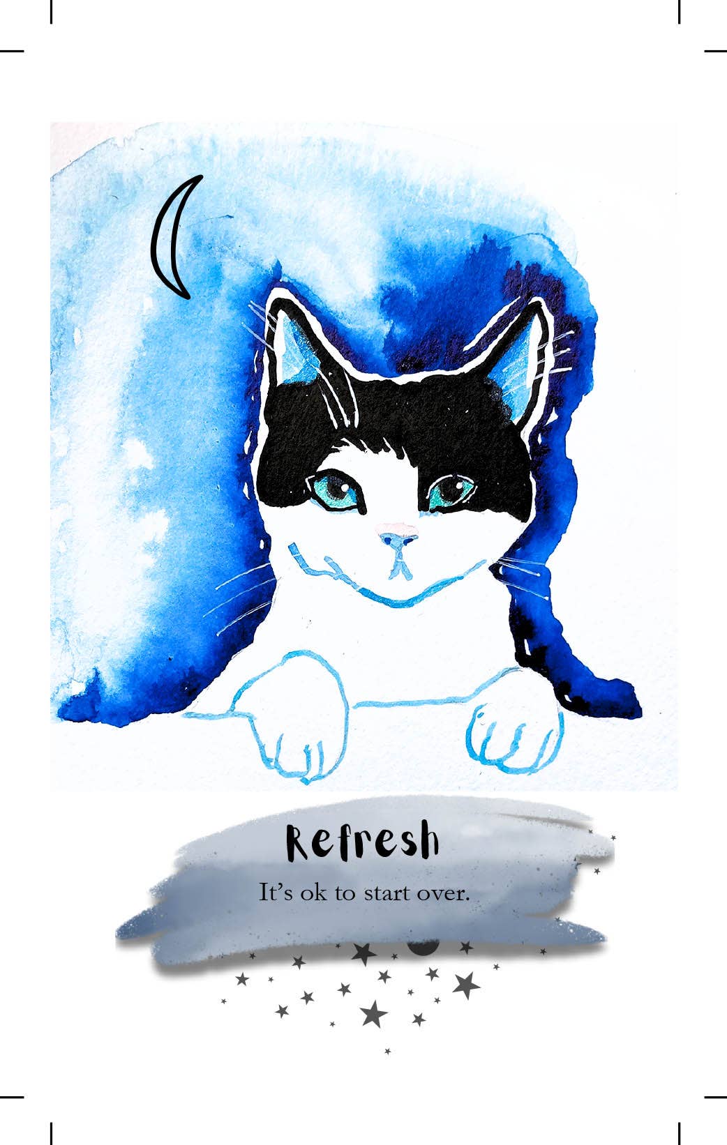 A square art print or card featuring a watercolor-style illustration of a black-and-white cat with blue eyes against a blue watercolor background, with a crescent moon above and the word 'Refresh' on a gray brushstroke banner near the bottom.