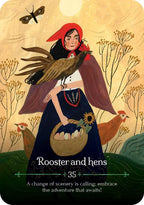 Illustration of a woman with a rooster and basket of eggs against a natural background