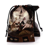 Drawstring bag with artistic design of a person holding playing cards on a white background