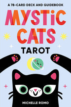 Cover of 'Mystic Cats Tarot' with cartoon cats and colorful text on a light blue background