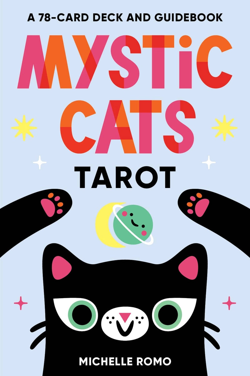 Cover of 'Mystic Cats Tarot' with cartoon cats and colorful text on a light blue background