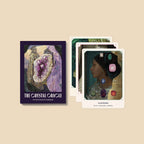 Crystal Oracle card set with a purple crystal and tarot cards on a beige background