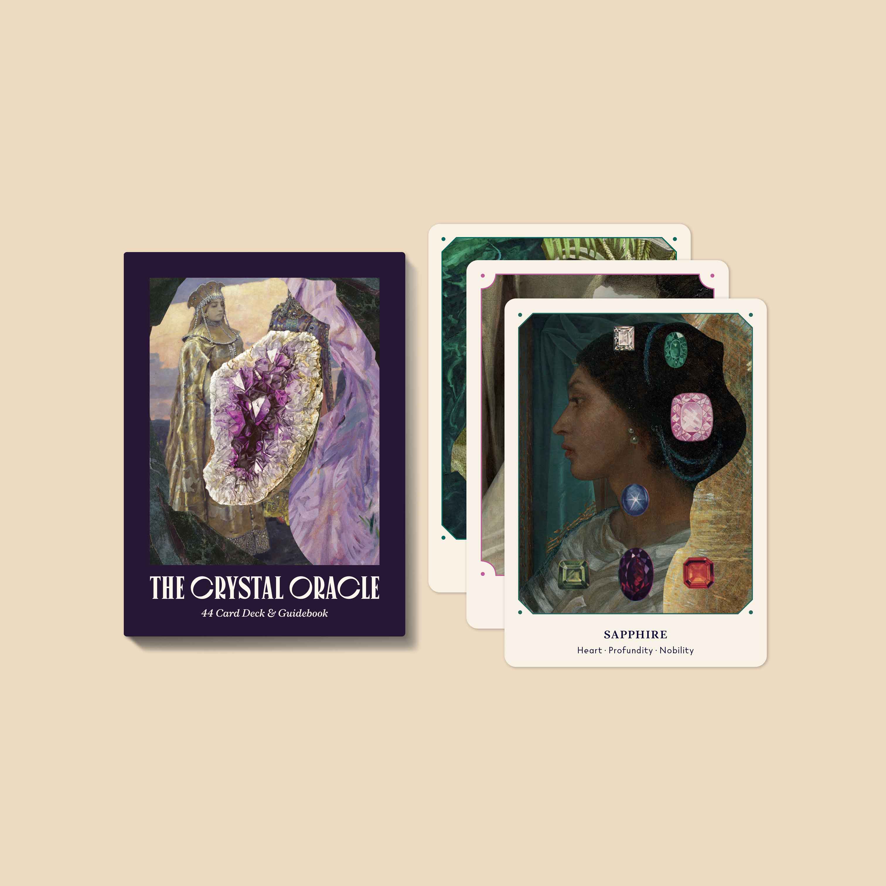 Crystal Oracle card set with a purple crystal and tarot cards on a beige background