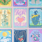 Collection of colorful tarot cards with various symbols and designs on a pink background.