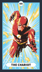 Superhero in red and black costume with lightning effects on a blue background, labeled 'The Chariot'.