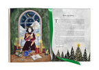 Illustrated book open to a page with a woman in a room and a snowy landscape on the next page.