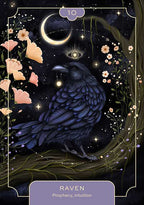 Card with a raven, flowers, and celestial elements on a dark background
