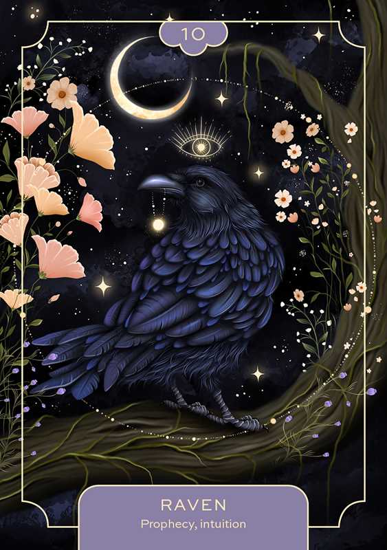Card with a raven, flowers, and celestial elements on a dark background