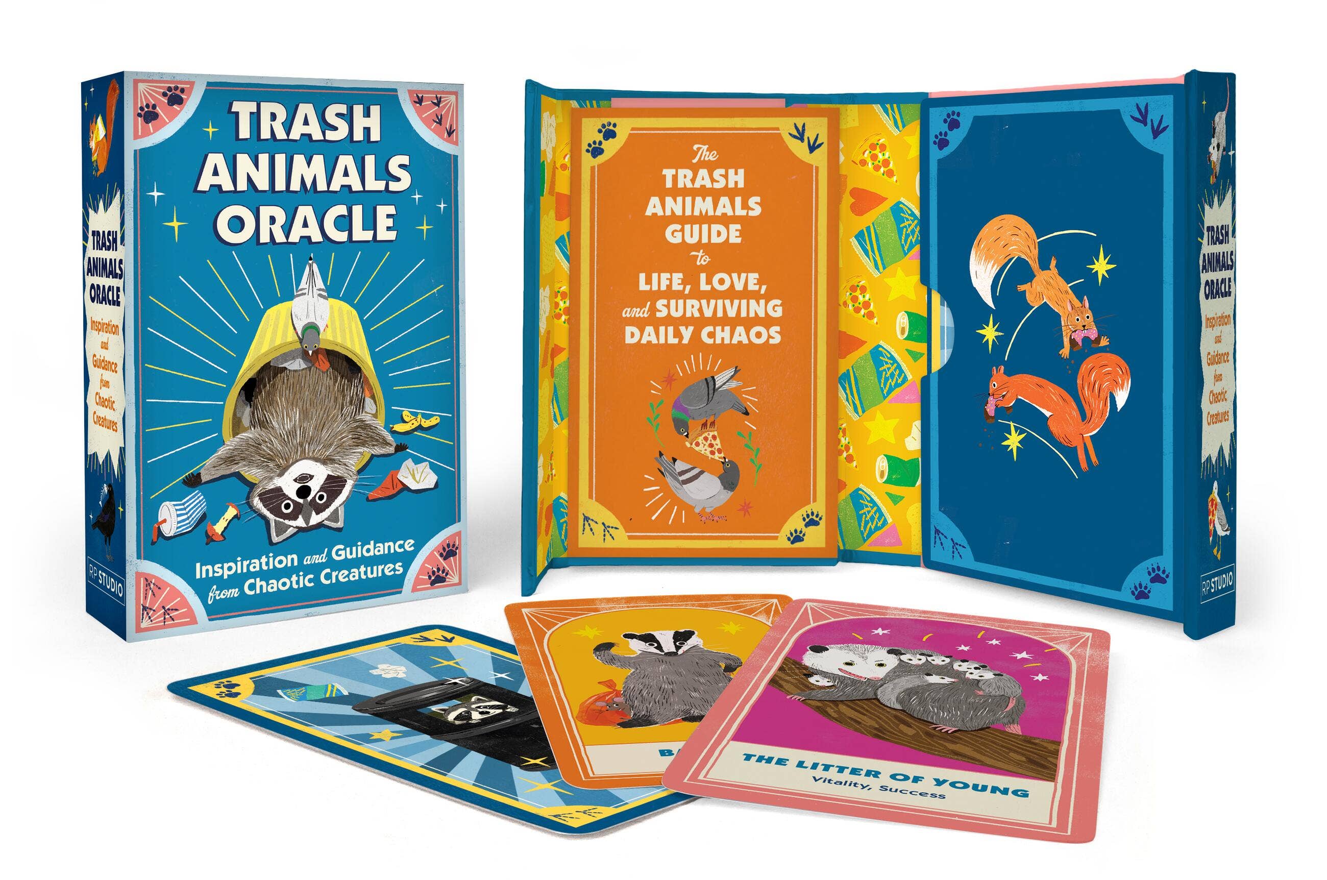 Trash Animals Oracle card set with colorful packaging and cards on a white background