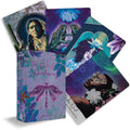 Set of tarot cards with colorful designs and text on a white background