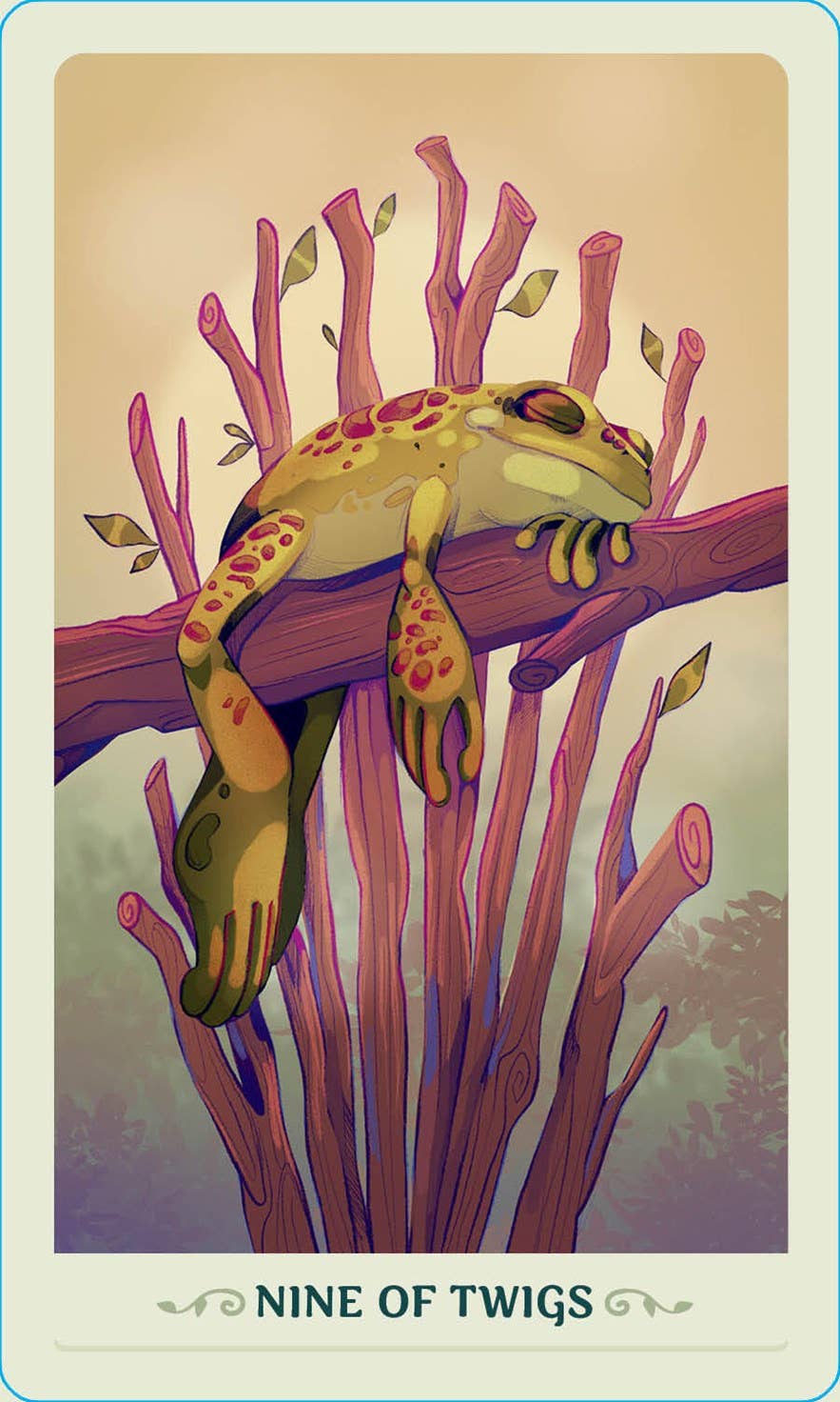 Frog on twigs with 'Nine of Twigs' text, tarot card style