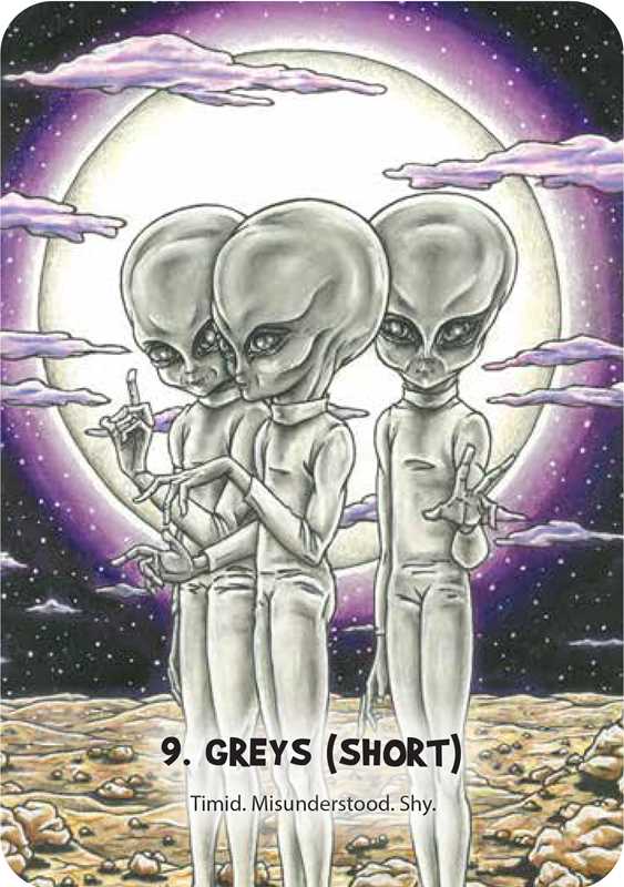 Illustration of three aliens on a moonlit landscape with text '9. Greys (Short)'