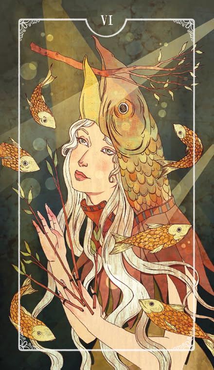 Tarot card with a woman and fish, symbolizing the Sixth Card of the Major Arcana.
