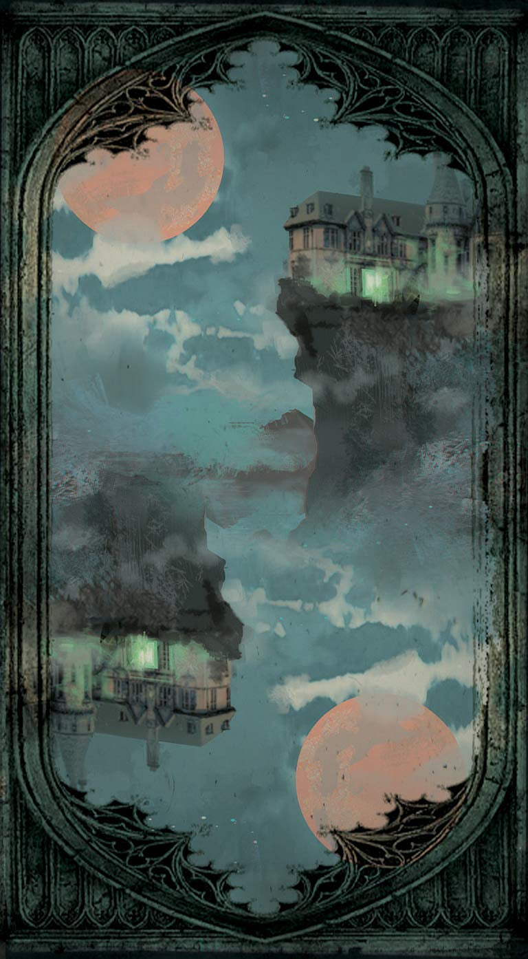 Fantasy scene with floating houses and a large moon, framed by gothic arches.