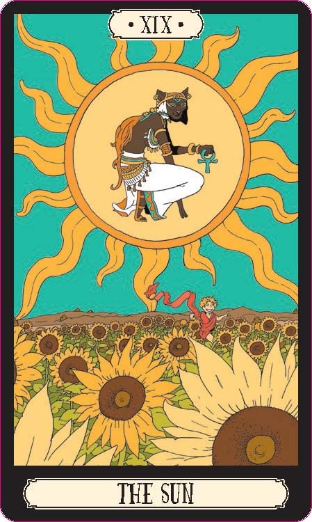 Tarot card titled 'The Sun' with a sun, sunflower field, and figure holding a key.