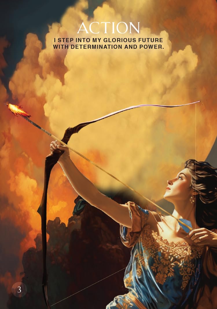 Woman with bow and arrow against a fiery background with motivational text.