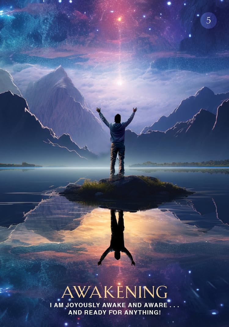 Person standing on a island with arms outstretched, surrounded by mountains and a starry sky, with text 'Awakening' at the bottom.