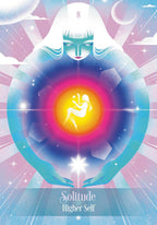 Card with a stylized figure, colorful design, and text 'Solitude Higher Self' on a starry background.