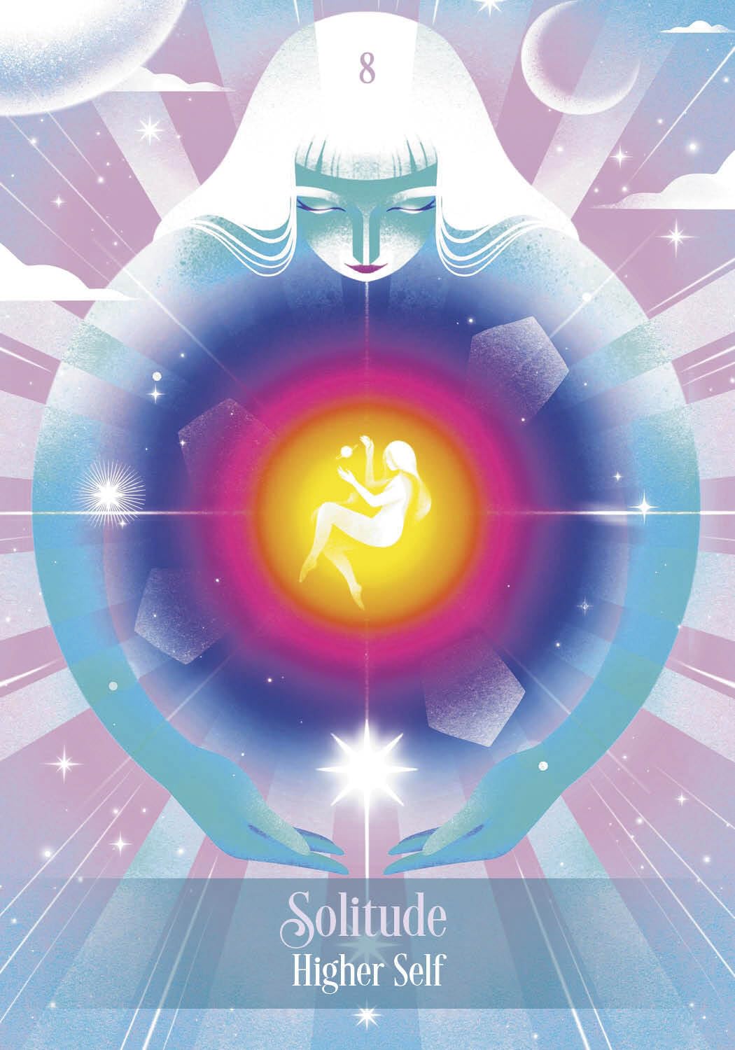 Card with a stylized figure, colorful design, and text 'Solitude Higher Self' on a starry background.