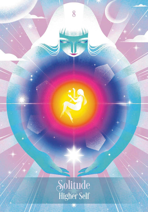 Card with a stylized figure, colorful design, and text 'Solitude Higher Self' on a starry background.
