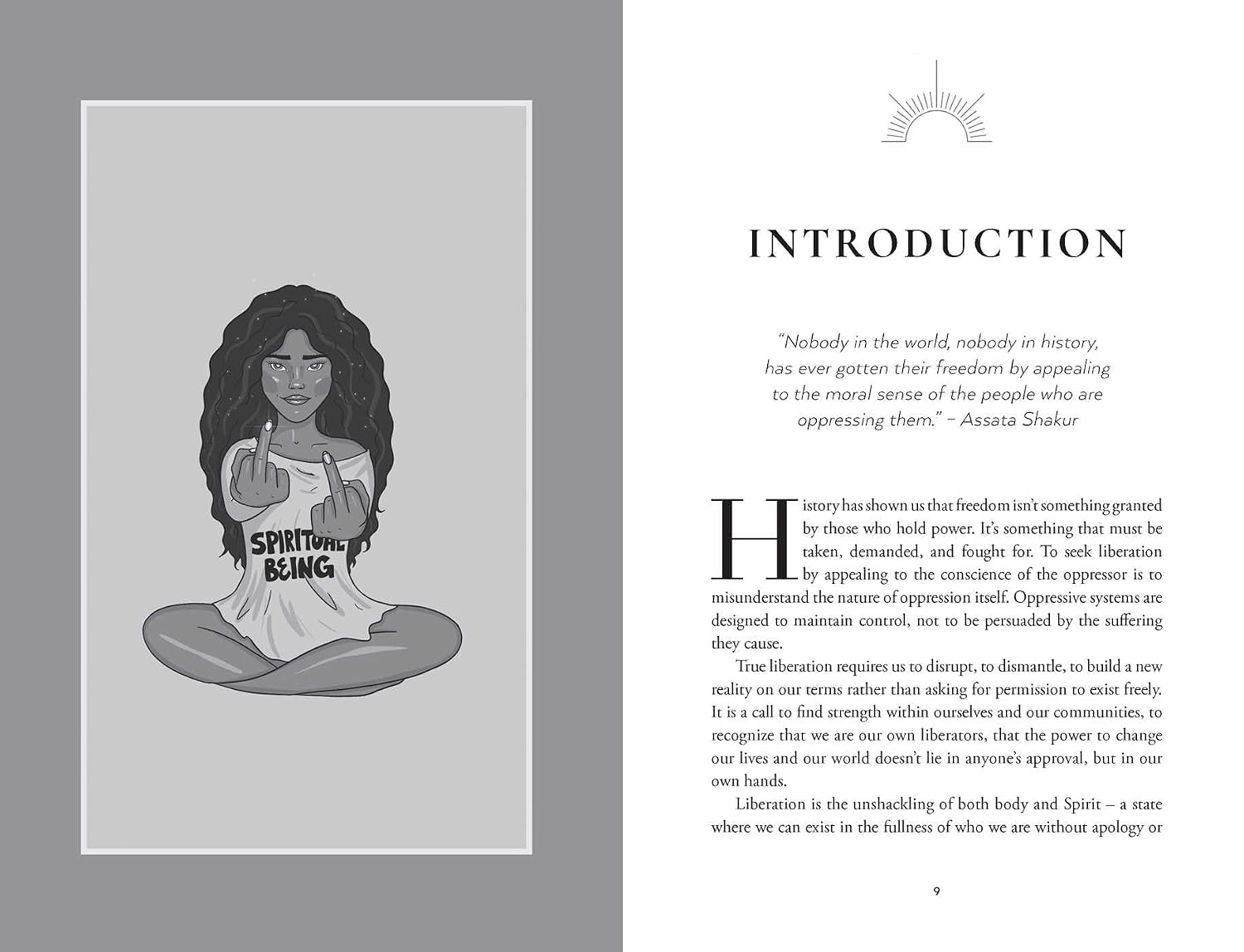 Book page with illustration of a person holding a sign and text on a gray background