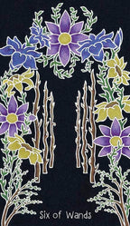 Card with floral design and 'Six of Wands' text on a black background