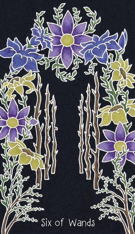 Card with floral design and 'Six of Wands' text on a black background