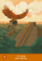 Illustration of an eagle flying over a temple with a colorful sky and landscape.
