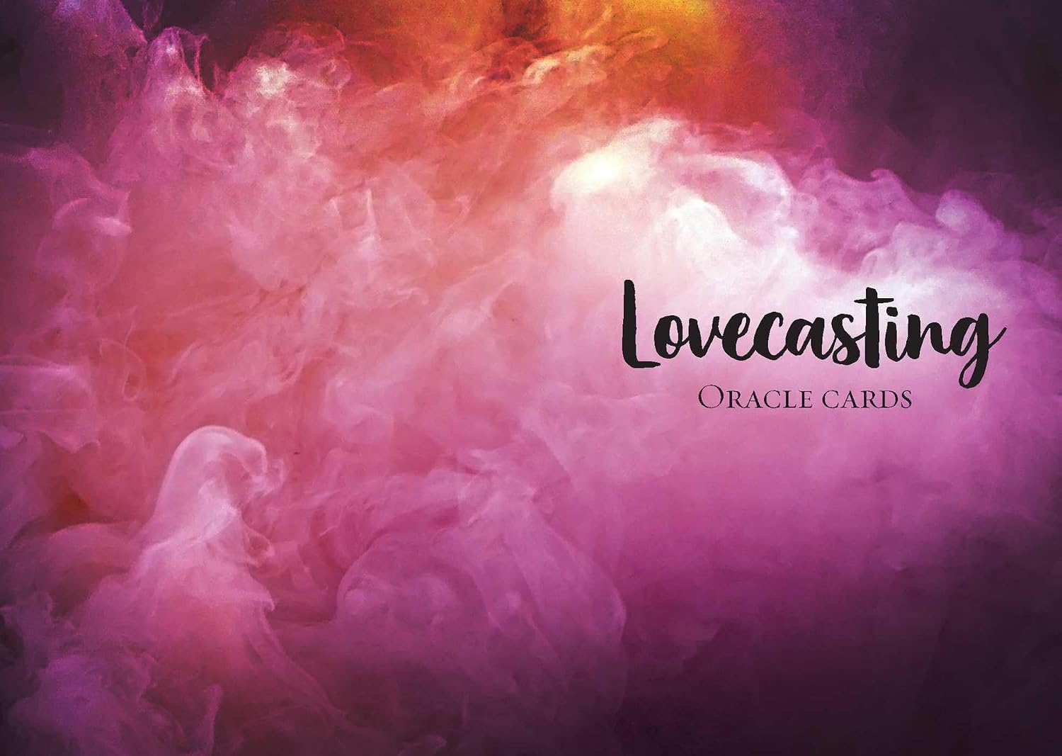 Lovecasting Oracle Cards deck cover featuring a dramatic pink, purple, and orange smoke design with the title 'Lovecasting Oracle Cards' in black text.