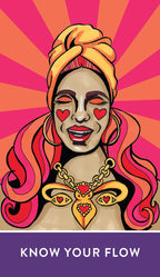 Illustration of a woman with a yellow headscarf and red hair against a pink and orange radial background, with 'Know Your Flow' text at the bottom.
