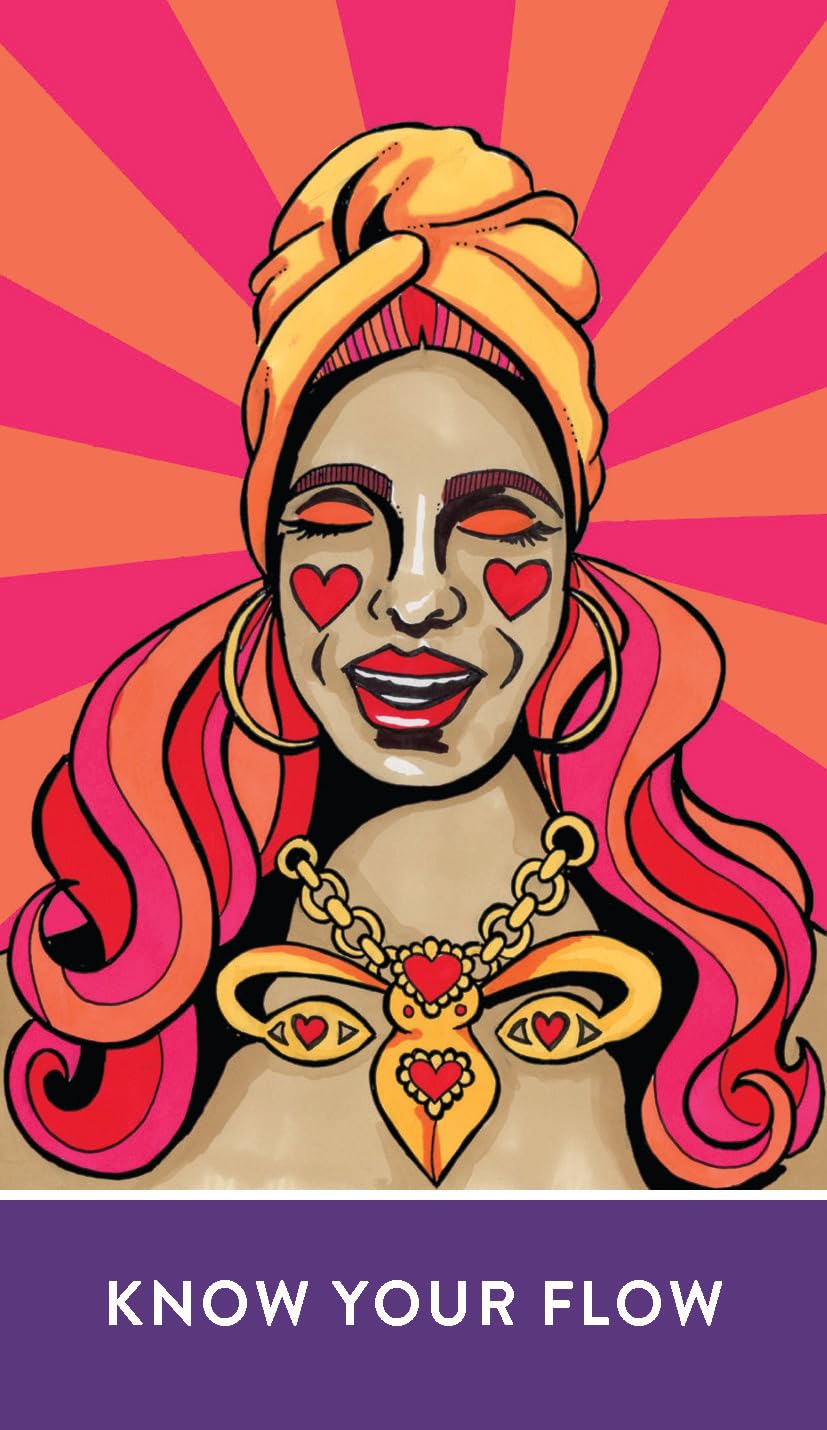 Illustration of a woman with a yellow headscarf and red hair against a pink and orange radial background, with 'Know Your Flow' text at the bottom.