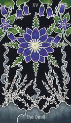 Card featuring a blue flower with green leaves on a black background, labeled 'The Devil'.