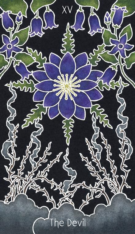 Card featuring a blue flower with green leaves on a black background, labeled 'The Devil'.