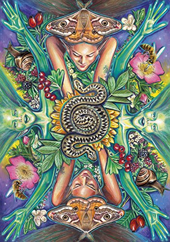 Colorful artwork of a person with a snake and butterflies, surrounded by nature elements.