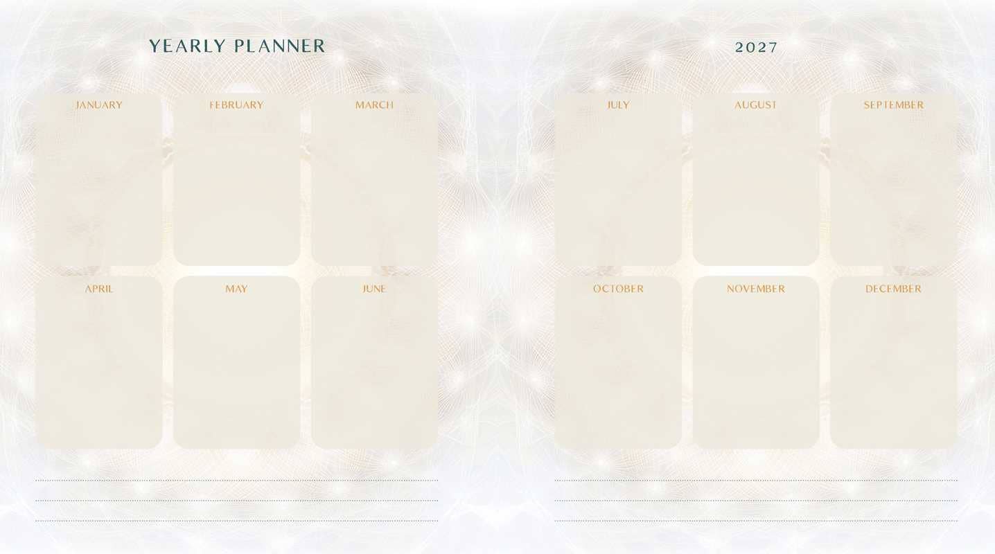 A yearly planner page layout for 2027 with monthly boxes labeled January through December, set on a soft white and pale gold background with subtle floral patterns.