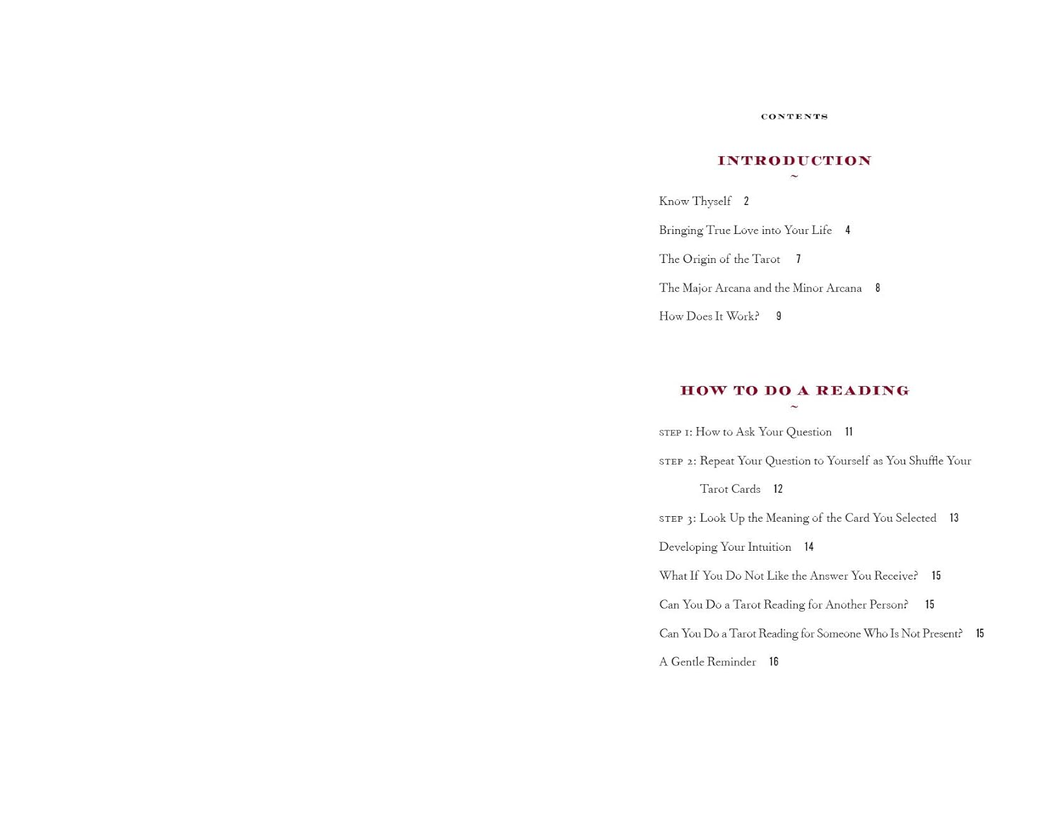 Table of contents for a book or document on tarot reading with black text on a white background.