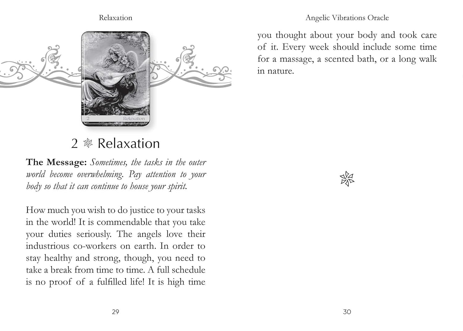 Page from an Oracle card book titled 'Relaxation' with text and an angel illustration.