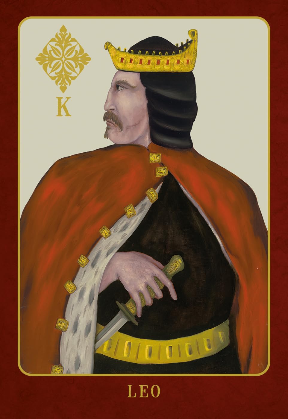 Card featuring a king with a crown, red cape, and sword, labeled 'Leo'.
