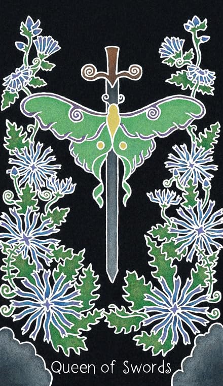 Decorative card with a green butterfly and sword surrounded by flowers on a black background, featuring the text 'Queen of Swords'.