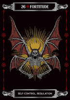 Illustration of a skeleton with bat wings on a black background, labeled '26 Fortitude'.