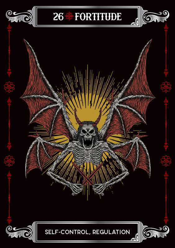 Illustration of a skeleton with bat wings on a black background, labeled '26 Fortitude'.