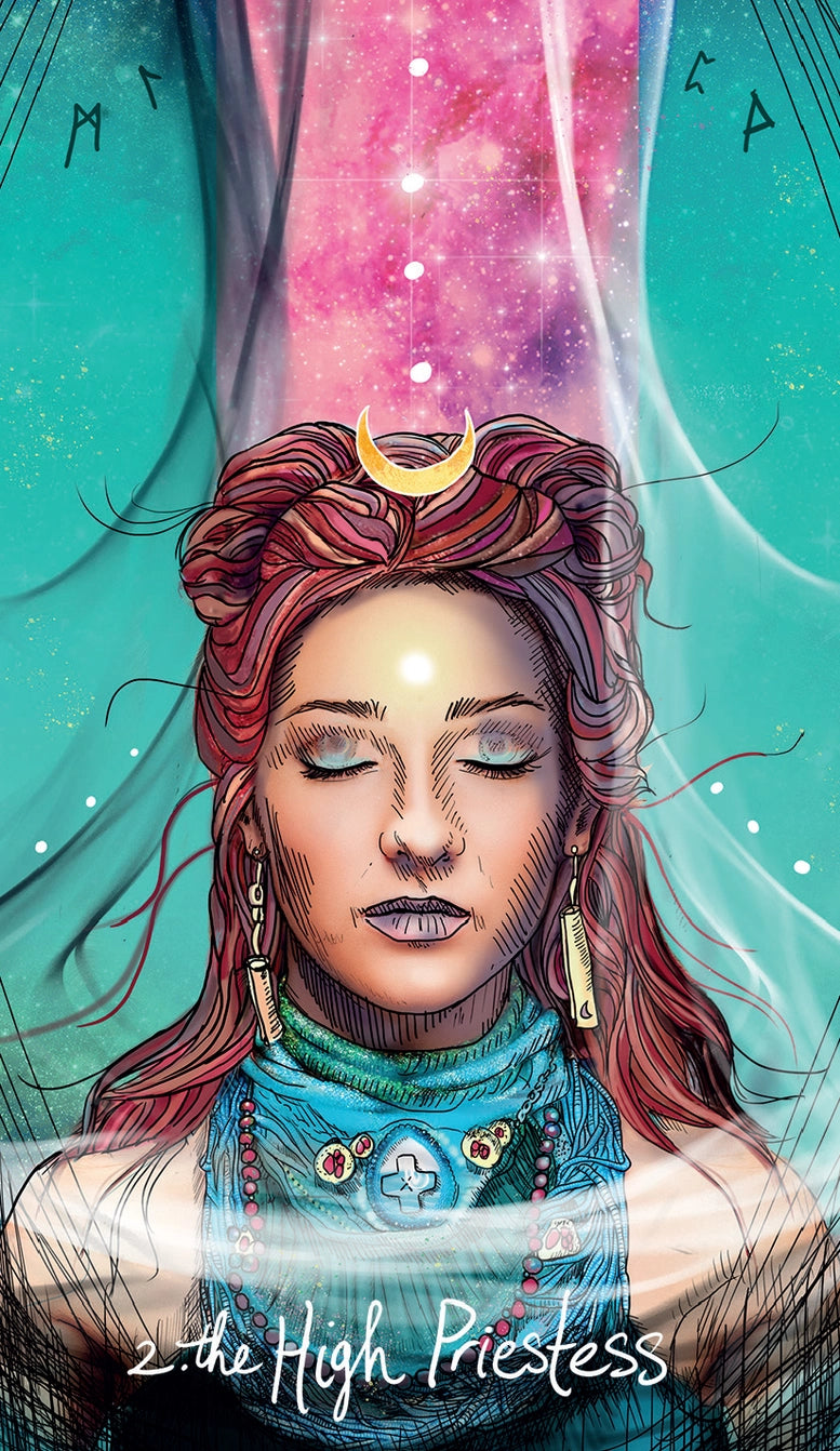 Illustration of a woman with red hair and a crescent moon headband against a colorful background, labeled 'The High Priestess'.