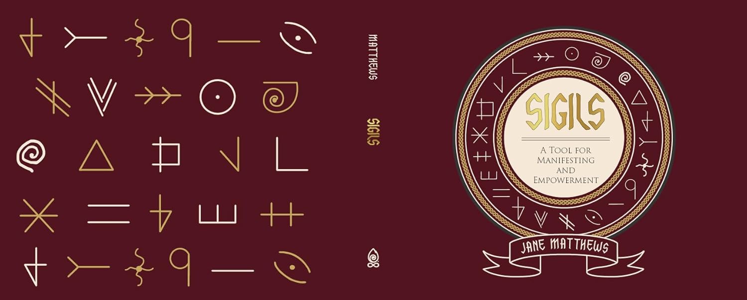 Book cover of 'Sigils' by Jane Matthews with sigil designs on a red background