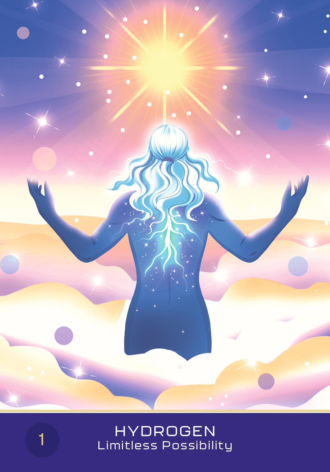 Card with a silhouette of a person with glowing hair against a starry sky, labeled 'Hydrogen: Limitless Possibility'.