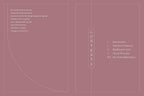 A minimalist book or booklet cover design in a muted dusty rose color, with thin white line art and vertical text reading CONTENTS alongside a list of sections.