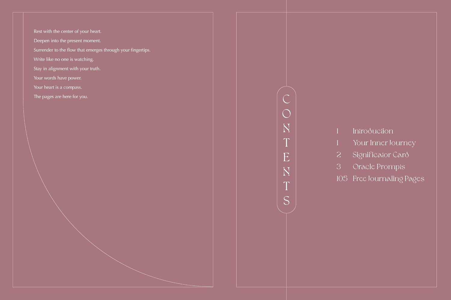 A minimalist book or booklet cover design in a muted dusty rose color, with thin white line art and vertical text reading CONTENTS alongside a list of sections.