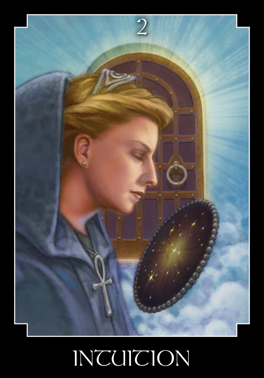 Tarot card titled 'Intuition' with a person holding a mirror in front of a stained glass window.