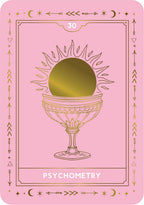 A pink tarot card titled 'PSYCHOMETRY' with a gold line-art illustration of a sun in a chalice, featuring the number 30 at the top.