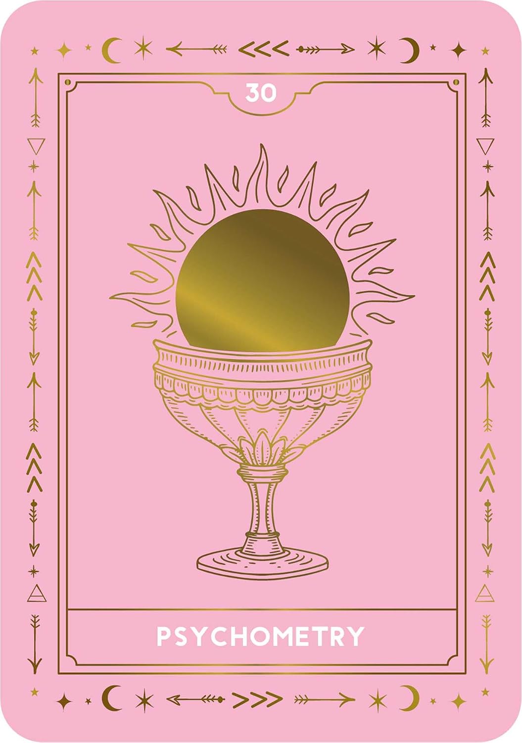 A pink tarot card titled 'PSYCHOMETRY' with a gold line-art illustration of a sun in a chalice, featuring the number 30 at the top.