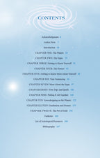 Table of contents for a book on astrology with a celestial design on a light blue background.